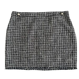 White House Black Market Tweed Fringe Mini Skirt Womens Size 14 Navy White Plaid